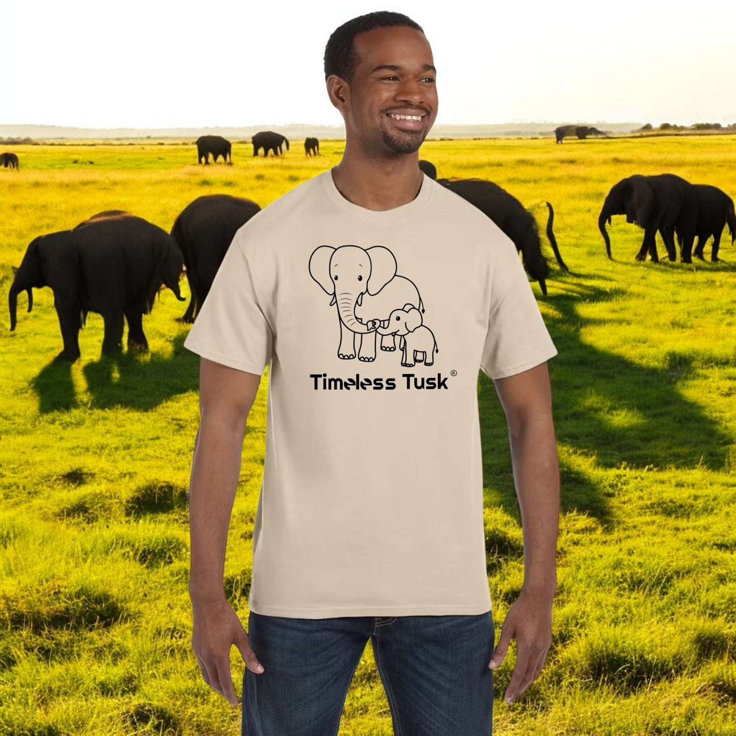 Men's Black Line Art Elephant Conservation Timeless Tusk Tee