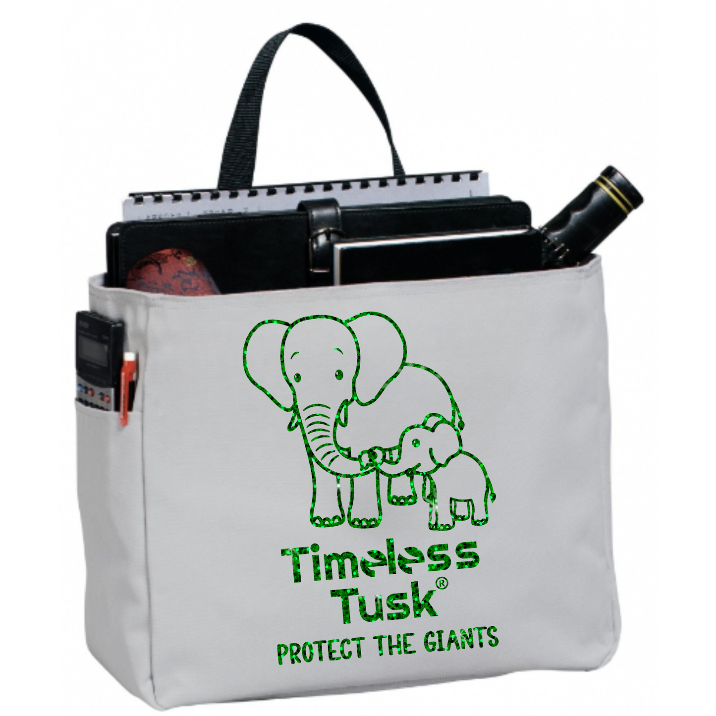 Gray Tote Bag Green Glitter Elephant Timeless Tusk Conservation Carryall