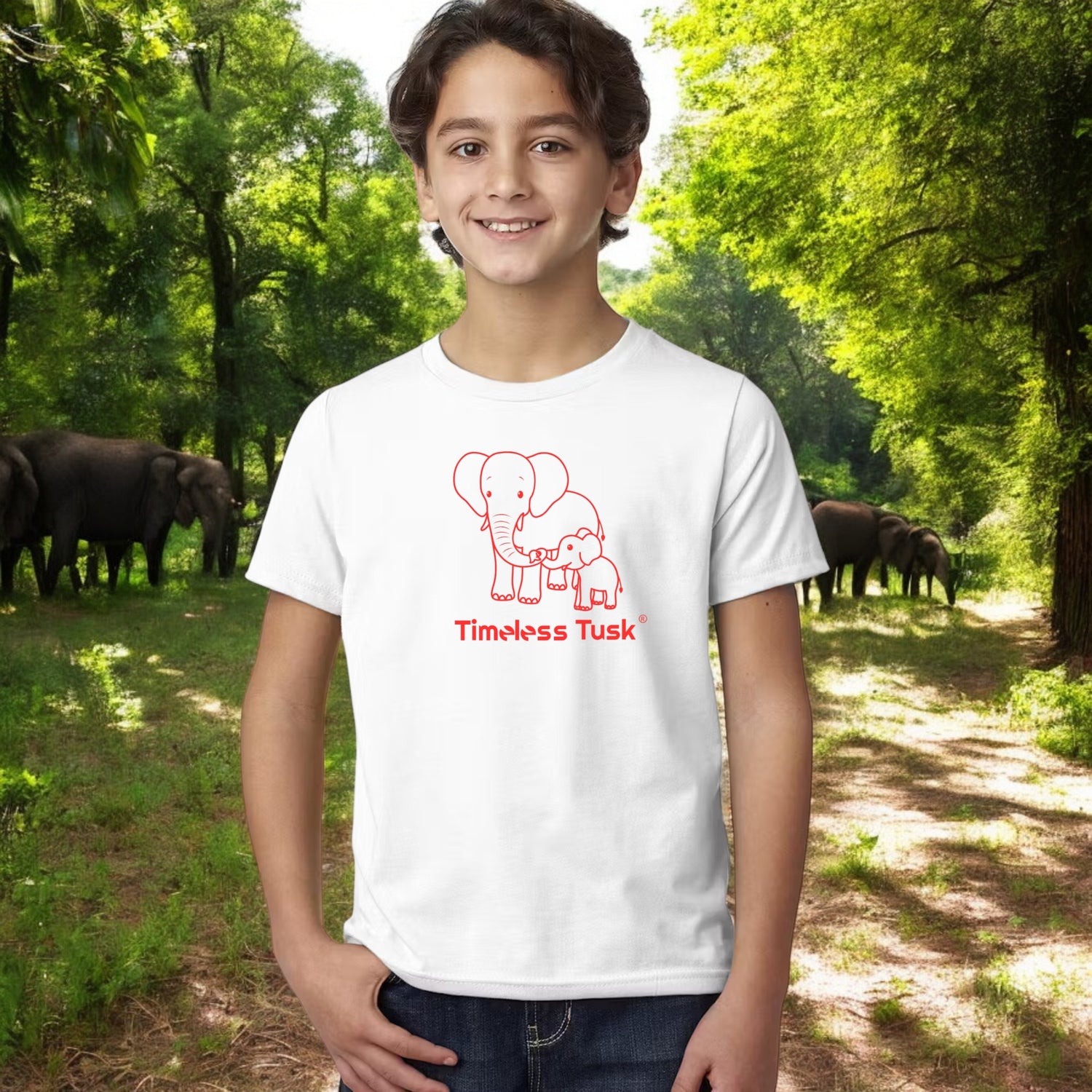 Youth Red Line Art Elephant Conservation White T Shirt