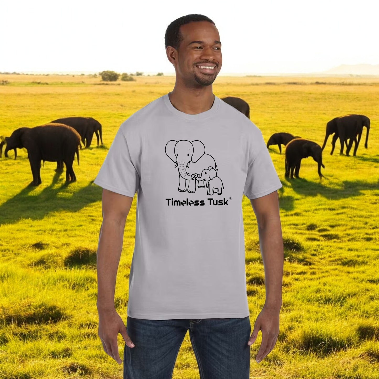 Men's Silver Timeless Tusk Elephant Conservation Tee, Black Line Art