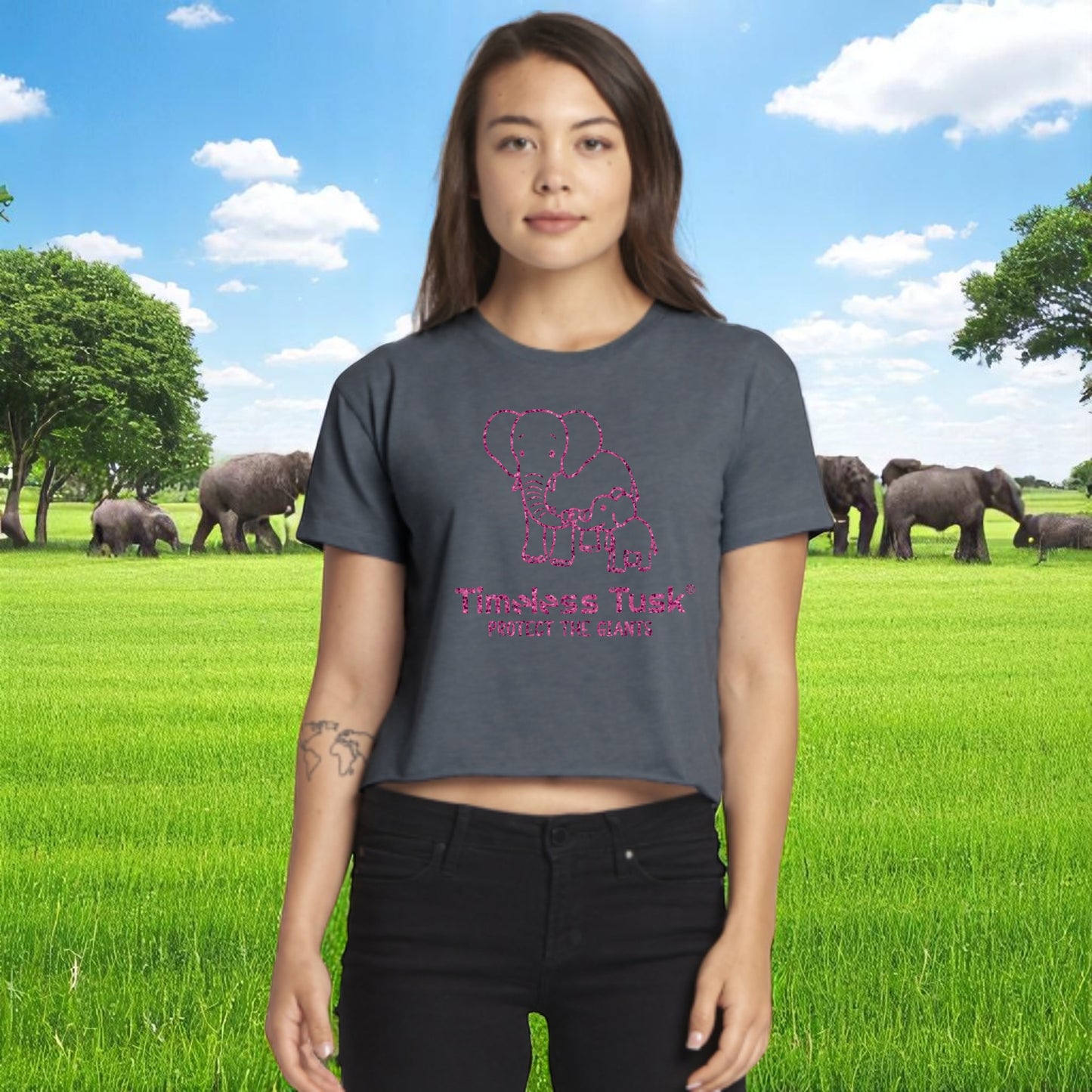Pink Glitter Elephant Crop Top Stonewash Sage Green Protect the Giants Tee