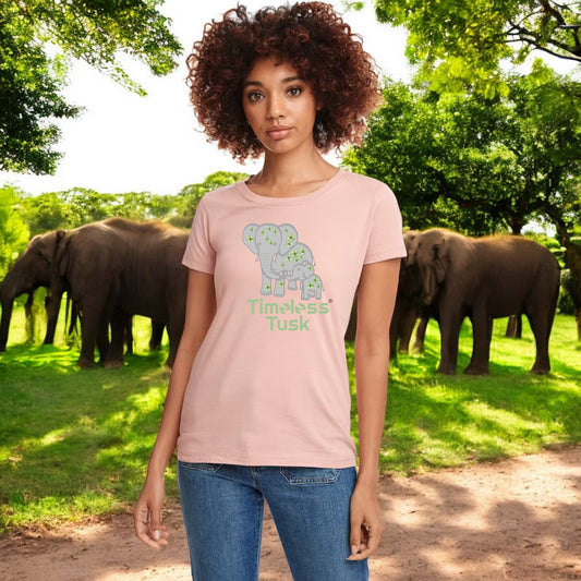 Womens Pink Timeless Tusk Elephant Conservation Tee with Elephant Graphic Art