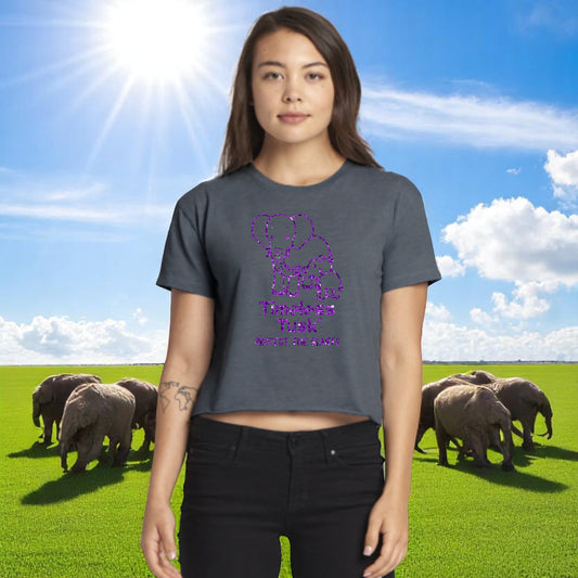 Purple Glitter Elephant Crop Top Stonewash Gray Protect the Giants Tee
