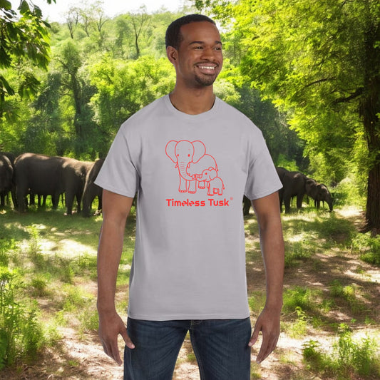 Men's Silver Timeless Tusk Elephant Conservation Tee, Red Line Art 