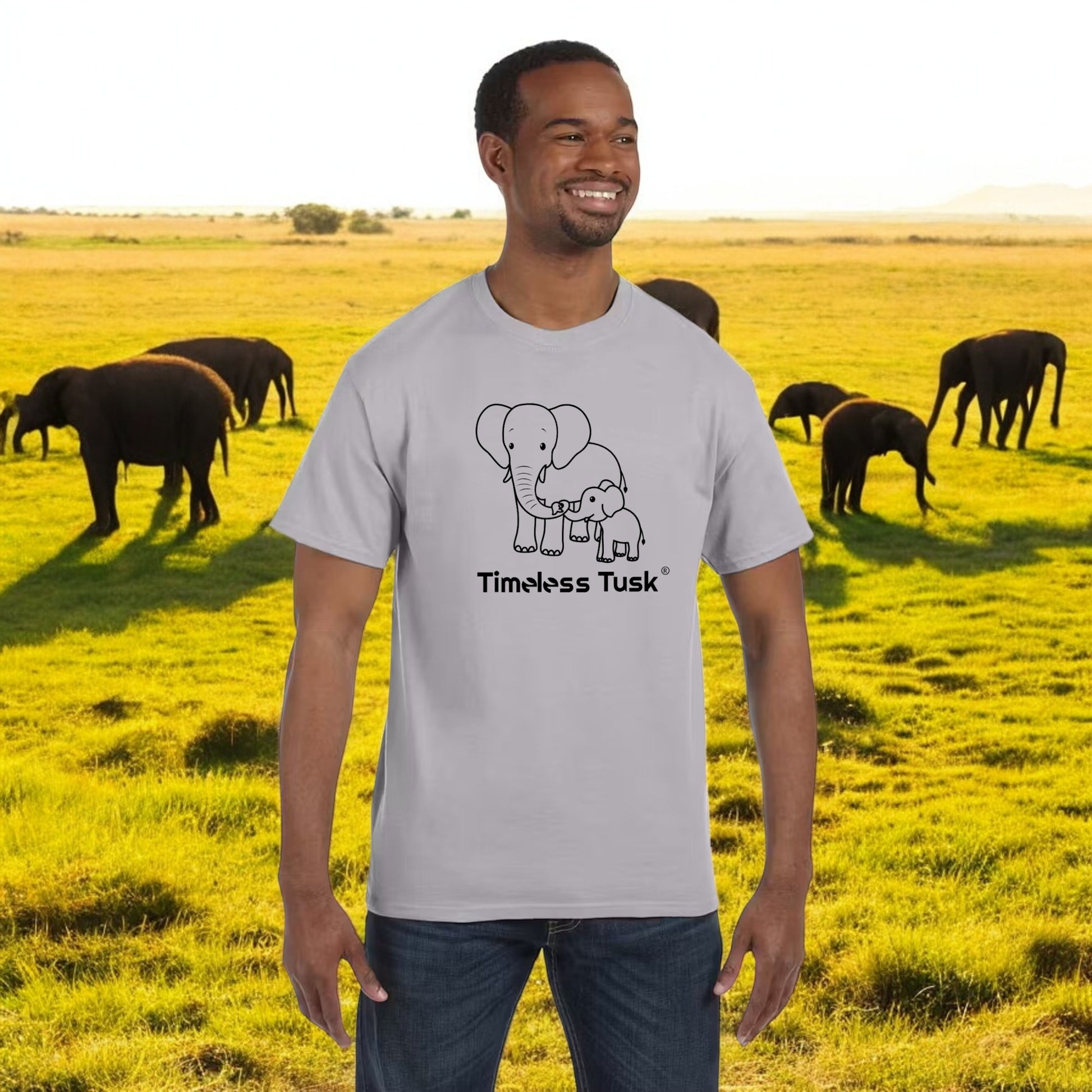 Men's Silver Timeless Tusk Elephant Conservation Tee, Black Line Art 