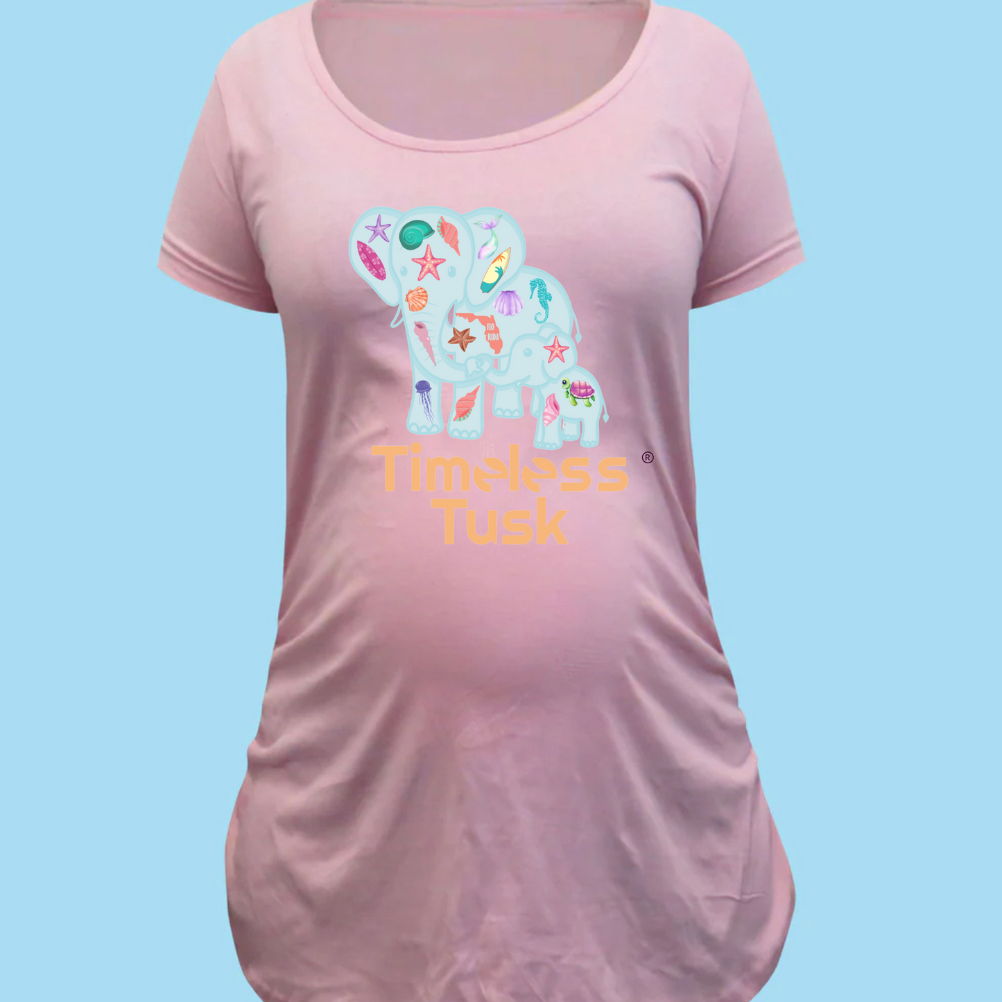 maternity tee, showcasing its relaxed fit and stretchable fabric for expecting mothers.